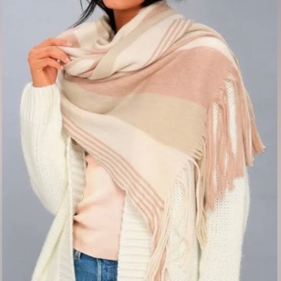 Free People Accessories - Free People Kolby Striped Oversized Scarf Blanket Wrap Throw Fringed Blush Beige